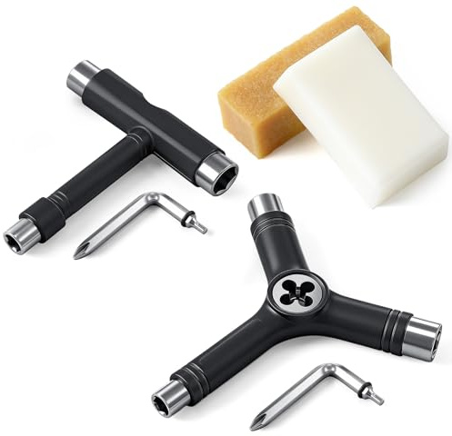 Lanties 4 Pcs Skateboard Tools Set All-in-one Multi-Function T&Y-Tool Allen Key with L-Type Head Screwdriver Skateboard Wax Grip Tape Cleaner for Skate, Longboard, Roller Skate