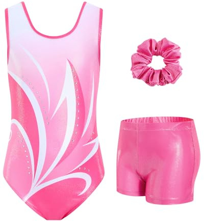 JiAmy Justaucorps Gymnastique fille, Combinaison de Gymnastique à Uniformes de gymnastique sans manches avec dos découpé Dos échancré avec Short et Serre-tête pour Enfants de 3-12 Ans | Justaucorps doux extensible à paillettes + short + chouchou ; découpe croisée dans le dos ; gymnastique, danse