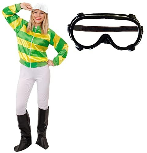 Jockeydräkt för damer – grön och gulrandig jockeydräkt – jacka, byxor, hatt, stövlar och glasögon maskeradkläder (medium), Grön och gul, M