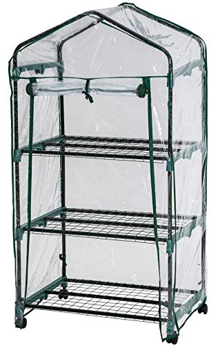 tectake® Mobiles Foliengewächshaus mit 3 Ablagen, Gewächshaus auf Rollen, stabil, UV stabilisierte PVC Folie, schützt Pflanzen vor Kälte, Regen und Frost, für Balkon, Garten Terrasse, 69 x 49 x 133 cm