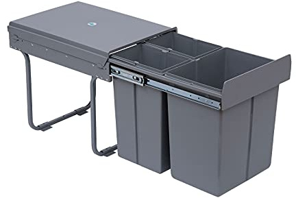 HOMCOM Cubo de Basura Cocina bajo Fregadero Papelera de Cocina 3 Contenedores de Reciclaje 1x20L y 2x10L Clasificación de Residuos Metal y Plástico 48x34,2x41,8 cm Gris