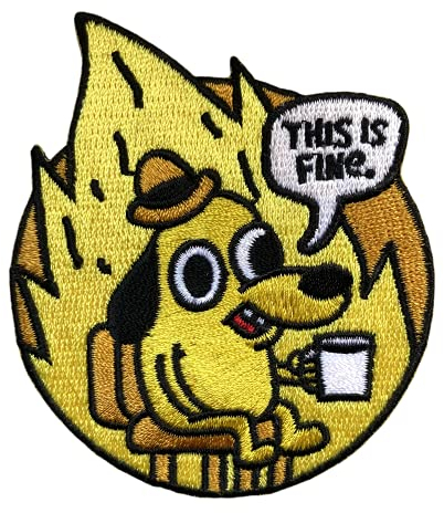 Urbanski Patch Hund in brennendem Haus Dog in burning House this is fine 8 x 7 cm | Aufnäher Applikation Bügelbild (zum Aufbügeln)