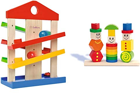 Eichhorn – Kugelbahn-Haus – Bunte Rollbahn aus Holz, mit Glocke und DREI Kugeln & 100073422 Holz Figuren Steckpuzzle, 20-teilig - 3 Stecksäulen mit Steckteilen, hochwertiges Buchenholz