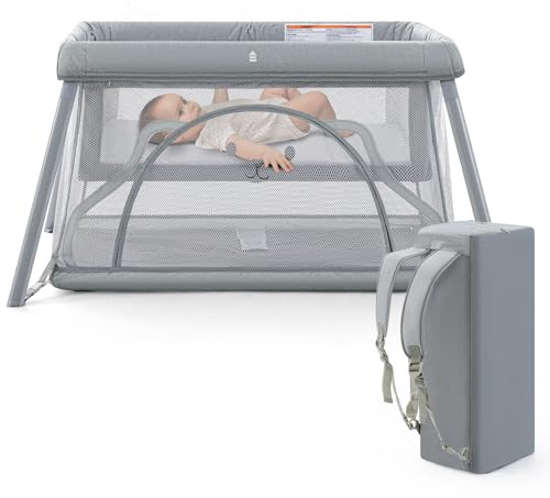 Sporary Travel Crib,Portable Crib for Baby, Pack and Play for Babies and Toddler, Lightweight Backpack Design,Foldable Travel Baby Playpen with Mattress(Light Grey)