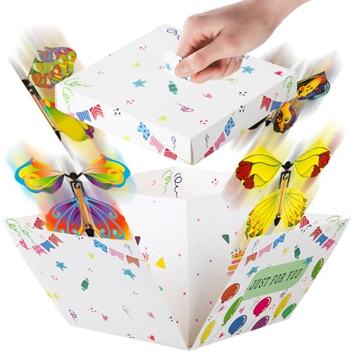 BOFUNX Surprise Gift Box, DIY Butterfly Explosion Surprise Box with 4pcs Butterflies for Birthday, Wedding, Anniversary, Valentines