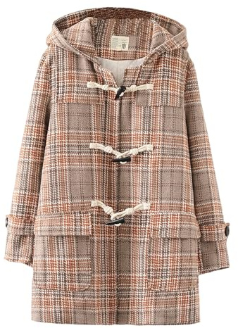 HIMI HIMIFASHION Duffle-coat de style japonais pour adolescents - Manteau mi-long en laine à carreaux - Bouton en corne - Vêtement d'extérieur épais à capuche avec poches, kaki, L