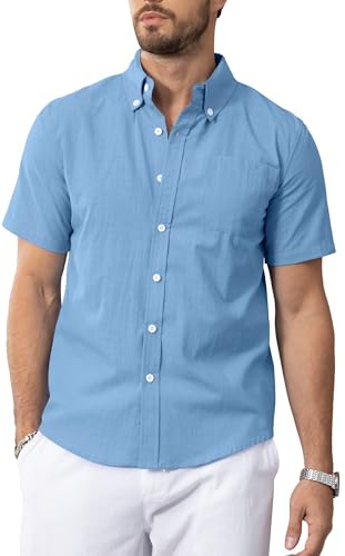 NANAMEEI Chemise Homme Lin Regular Fit Chemise de Plage Ete Chemise Décontractée Homme Chemise Boutonné Homme Bleu Clair XL