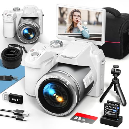 Monitech 64 MP Digitalkamera für Fotografie, 4K-Vlogging-Kamera für YouTube mit 7,6 cm (3 Zoll) Klappbildschirm, 16-facher Digitalzoom, WLAN und Autofokus, 2 Batterien, 32 GB TF-Karte (S200, Weiß)
