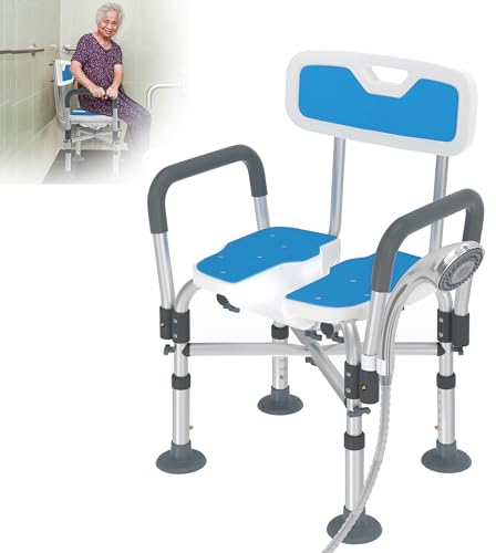 XMTECH Duschstuhl, Badehocker mit Hygieneausschnitt, Duschstuhl für Senioren, Duschsitz mit Armlehnen und Rückenlehne, Höhenverstellbarer Badestuhl, bis 200kg, für Senioren, Schwangere, Behinderte