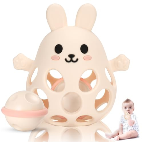 Venditer Baby Teething Rattle Toy Grasping Ball with Rattle, Baby Teether Silicone Sensory Montessori Toy Early Development for Babies for 3, 6, 9 12 Month Gift
