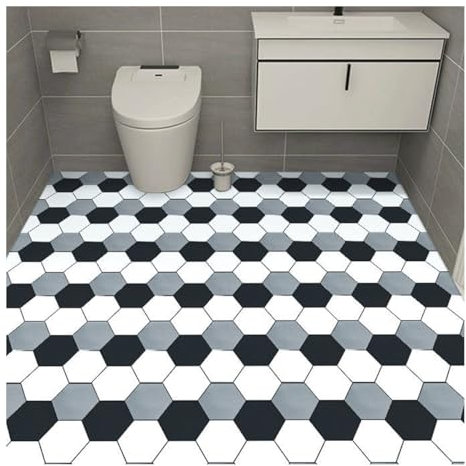 Peel and Stick Vinyl Flooring Roll 60cm x 5 Meters Hexagon Black White Grey Non Slip Floor Covering for Bathroom Kitchen Living Room