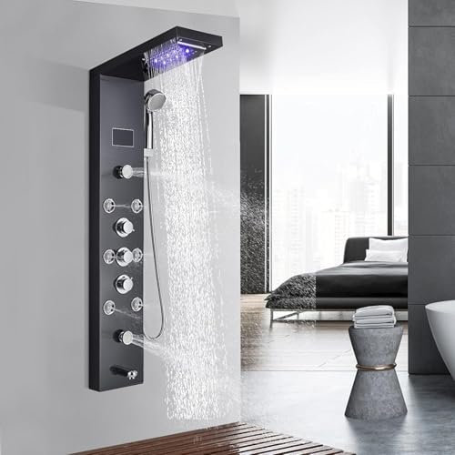 Pannello Doccia JUNSHENG con Sistema Doccia a 5 Funzioni, Sistema Doccia in Acciaio Inox 304 con Soffione Fisso, Massaggio, Doccetta e Bocca per Vasca da Bagno, Nero, con Display a LED