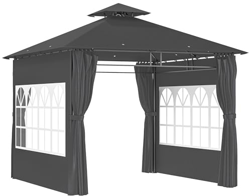 Outsunny 3 x 3 m Garden Gazebo, Double Roof Metal Gazebo with Removable Sidewalls and Church Windows, Outdoor Canopy Shelter, Dark Grey
