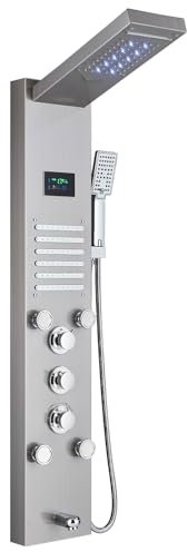Saeuwtowy Duschpaneel LED Edelstahl Multifunktion Duschpaneel mit 5 Funktion Hydromassage aus Edelstahl mit 4 großen Massagedüsen und 12 Massage-Mikrodüsen Gebürsteter Nickel