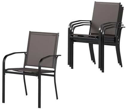 GIANTEX Lot de 4 chaises de jardin empilables avec dossier haut et accoudoirs, cadre en métal, matériau respirant, pour jardin, terrasse, balcon, 62,5 x 58,5 x 90 cm