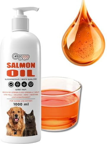 Gaczoo Huile de Saumon pour Chien & Chat 1l – Huile de Poisson avec Omega 3 & 6, Acides Gras DHA, EPA et DPA – pour Une Peau Saine et Un Pelage Brillant – Complément Alimentaire Quotidien