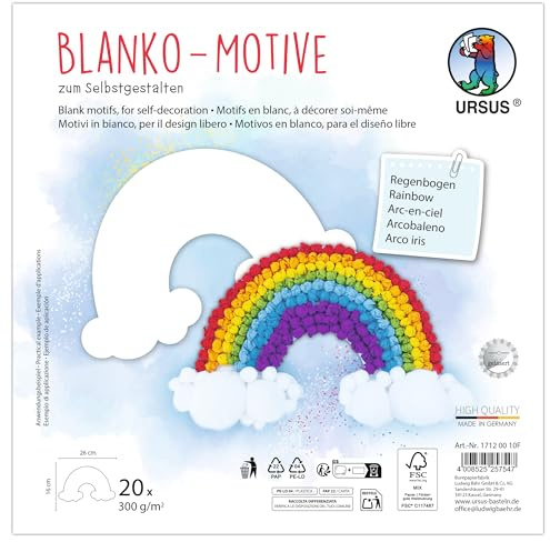 Ursus 1712 00 10F - Motivos en blanco Arco iris, 20 piezas de cartón fotográfico de 300 g/m², 26 x 16 cm, papel para manualidades DIY para colorear, pegar, recortar y autodiseñar