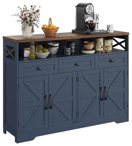 Befrases Farmhouse Buffet Cabinet with Drawers & Open Shelf, Sideboard with Storage, Kitchen Pantry Cabinet Hutch, Coffee Bar Station for Kitchen, Livingroom, 52 L Blue
