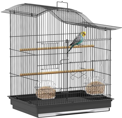 PawHut Gabbietta per Uccelli a 4 Ingressi con 2 Ciotole, 2 Posatoi e Vassoio Estraibile, Voliera in Metallo e Plastica, 47.5x36x54.5 cm, Nero