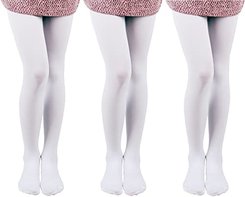 EVERSWE 3 Pairs Pack Girls Microfiber Tights (White, 6-8)