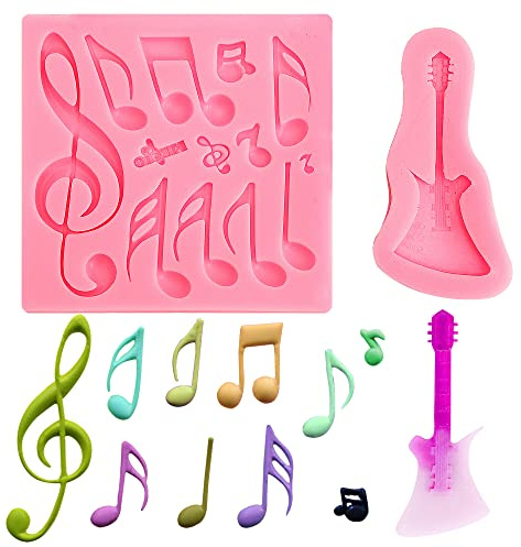 Nifocc 2 moldes para notas musicales, instrumentos musicales, fondant, guitarra, pasteles, decoración de pasteles, chocolate, magdalenas, caramelos