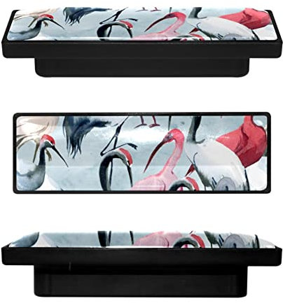 4 Pcs Rectangle Cabinet Handle Cupboard Knob Drawer Pulls Handle Pink Grey Paint Crane Pattern Drawer Knobs with Screws Furniture Decor