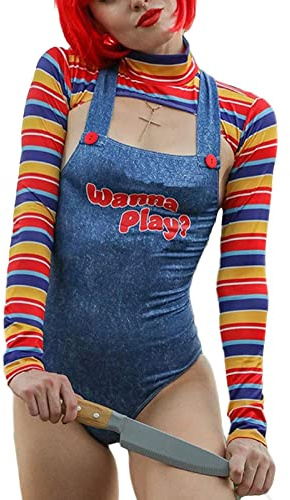 Costume d'Halloween 2 pièces pour femme - Poupée tueur de monsieur de monsieur effrayant - Robe de personnage de film Chucky, Combinaison courte, S