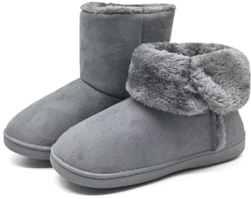 KuaiLu Hohe Hausschuhe Boots Damen Winter Fell Gefütterte Hausstiefel Frauen Warme Flauschige Plüsch Hüttenschuhe Kuschel Geschlossen Stiefel Hausboots Kuschelhaussschuhe Grau 38-39 EU