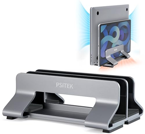 Psitek Aluminum Dual Vertical Laptop Stand Dock Holder, Supports 2 Devices, Adjustable Slot Width 15-36mm, Space-Saving Upright Storage for MacBook and Laptops