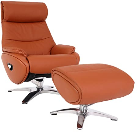 Mendler Relaxsessel mit Hocker HWC-K98, Fernsehsessel Sessel, Liegefunktion drehbar, Metall Echtleder/Kunstleder - braun