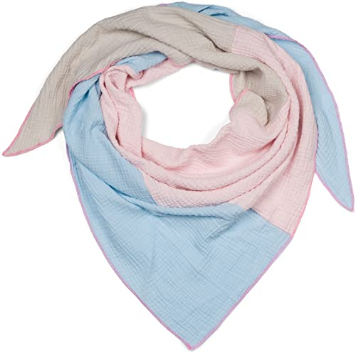 styleBREAKER Écharpe triangle en mousseline pour femmes, 3 couleurs pastel, en coton léger pour printemps et été, fabriquée en Italie, Bleu clair-Rose-Gris clair