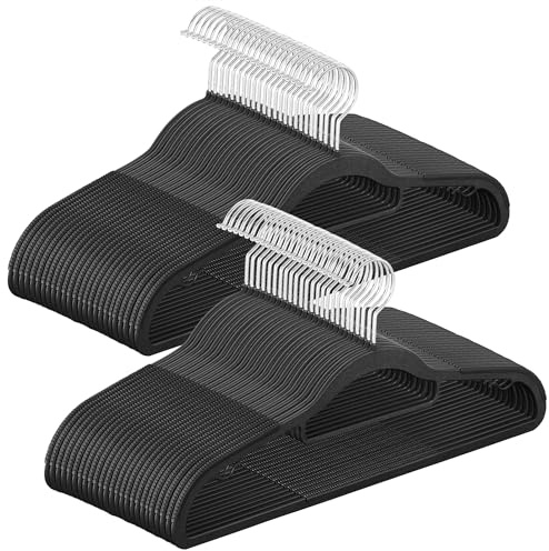SONGMICS Plastic Coat Hangers, Set of 50, Non-Slip, 0.6 cm Slim, 42 cm Wide | Space-Saving Clothes Hangers, Heavy Duty Plastic, 360° Swivel Silver Hook, Ink Black, Breanna Collection CRP020B05