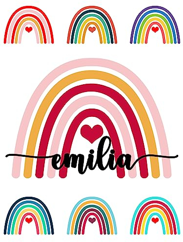 Regenbogen Bügelbild Wunschname für Textilien - Kinder Name Wunschtext selbst bedrucken Bügelbilder selbst gestalten Namensaufkleber Kleidung Bügelfolie für Textilien