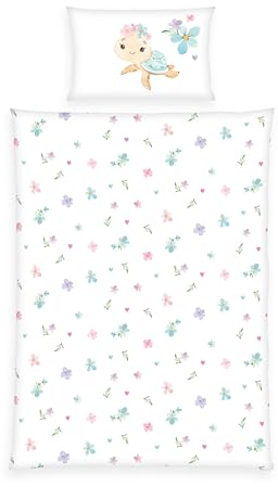 Herding babybest Little Turtle Winterbettwäsche, Kopfkissenbezug 40 x 60 cm mit Hoteleinschlag, Bettbezug 100 x 135cm, Mit Reißverschluss, 100% Baumwolle/Flanell, Weiß