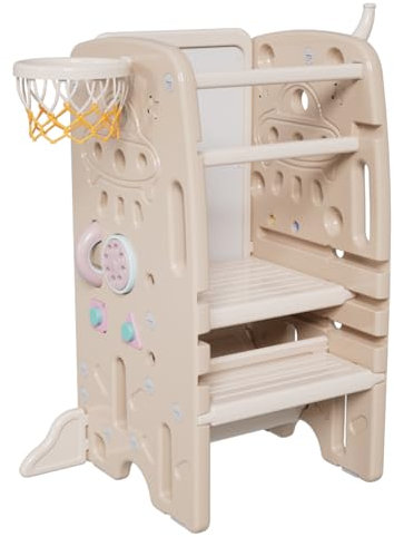 maualiyal Kinder Lernturm,Kinder Step Hocker, Montessor Lernturm für Baby, rutschfeste Schritte, mit Unterhaltungsfunktionen wie Malerei, Basketball oder Ringwerfen, Küche/Badezimmer Helfer(Braun)