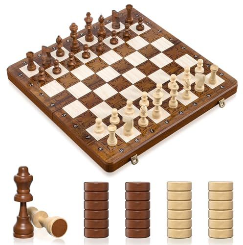 Tumu 2 in 1 Chess Set for Adults Kids - 16 Inch Magnetic Wooden Chess Board with Checkers, 2 Extra Queens, Folding Travel Chess Set with Storage Slots, Gift Toys for Boys Girls