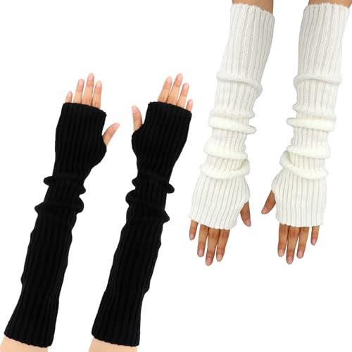 Armstulpen Damen, 2 Paar Lange Fingerless Gloves Weiche Arm Warmers Winter Arm Sleeve Armwärmer Gestrickte Arm Stulpen Damen Fingerlose Handschuhe Hand Warmers, für Damen Mädchen