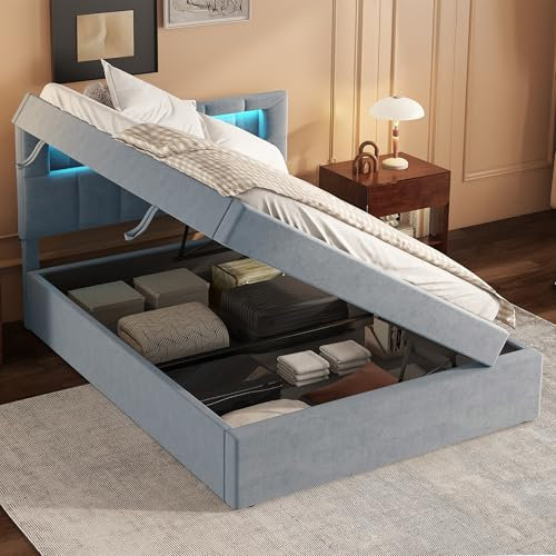 Gegtuon Kinderbett Bett 90x200 cm für Kinder mit LED-Licht, Polsterbett Einzelbett mit Hydraulisch Stauraum Underbett und Kopfteil, Stauraumbett Bettgestell mit Lattenrost, ohne Matratze, Samt (Grau)