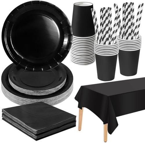 PYAILI Schwarz Partygeschirr, 121 Stück Pappteller Sets, Party Pappteller Becher Servietten Partyteller Partyset Süße Party, für Feste und Feiern wie Geburtstag
