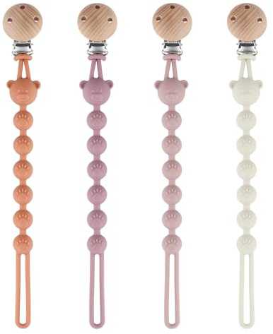 DOUUCO Set di 4 Clip per Ciuccio in Silicone, Clip per Ciuccio in Silicone, Attacco per Ciuccio Bebè, senza BPA, Catena per Allattamento Multifunzionale per Bambini e Bambine (Arancione + Viola +