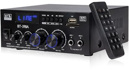 1000W Amplificateur, Bluetooth 5.3 Audio, Stéréo Audio Récepteur Ampli HiFi à 2.0 CH 60W x2 avec Bass/Treble/AUX/FM/MIC/USB, Convient pour Deux Haut-parleurs d'environ 10 Pouces, pour Ampli Voiture