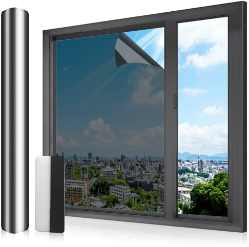 LULUETPUE Window Film Privacy, Privacy Film for Glass Windows, Sun Protection Film Window Inside UV Protection Reflective Window Film Black Silver Thermal Film 75x400CM