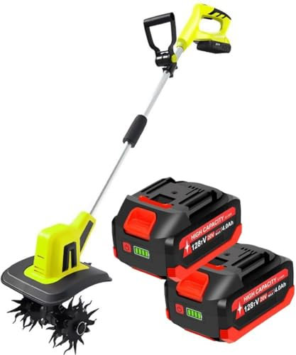 Cultivador eléctrico de jardín – Rotavator inalámbrico con 4 cuchillas de acero, 2 baterías de 4 Ah, ancho de trabajo de 25 cm, profundidad de labranza de 22 cm para jardinería y cultivo de verduras