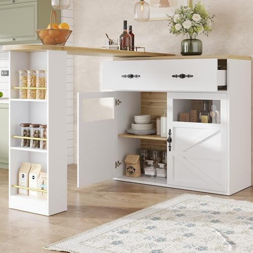 BENMWS Tavolo moderno e mobile, tavolo da bar allungabile con spazio di archiviazione, 100 x 140 cm, girevole a 360°, tavolo da cucina, tavolo da bistro, credenza con ripiani (bianco)