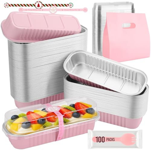 HEYDIUDIU Mini Loaf Pans With Lids and Spoons, 100 PCS 6.8oz Mini Cake Pans for Baking, Aluminum Foil Loaf Pans, Small Aluminum Cake Tins, Cake Pans with Clear Lids,Sporks，Stickers,Gift Box(Pink)