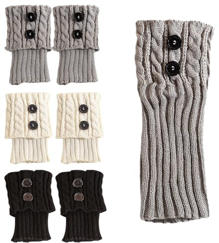 DAVBNM 3 Pairs Winter Warm Boot Cuffs, Ankle Bootsocks Warmers for Women, Crochet Knitted Boot Cuffs Short Leg Warmers Twist Topper Socks, Button Design Short Soft Knitted TwistToppers Socks Leg