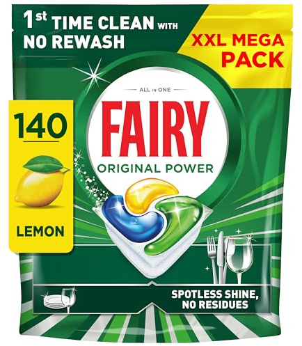 Fairy Original Power Dishwasher Tablets Lemon, 140 Capsules, 1st Time Cleaning Action with No Rewash, Effective on 100% Grease, Spotless Shine Without Residues