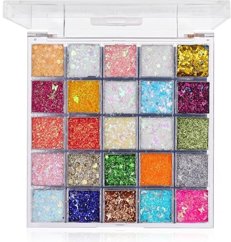 Palette de Maquillage 25 Couleurs Paillettes Visage Iridescentes, Gel Paillettes Corps et Visage Résistant à l'Eau pour Carnaval Festival Soirée, Maquillage pour Fête Adulte et Enfant