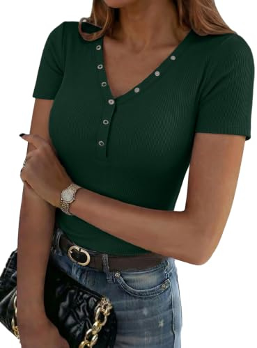 Aottori Camiseta Mujer Manga Corta para Verano Canalé Elástico con Cuello V | Punto Acanalado, Corte Ajustado, Diseño de Capa Base, Tacto Suave, Estilo Casual, Diseño Pullover