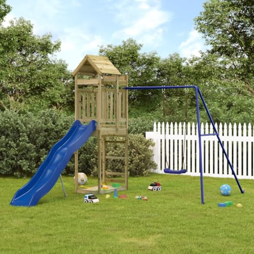 Runheo Torre de juego de madera de pino impregnada a presión con tobogán ondulado, columpio, arenero, 249 x 335 x 238 cm, para jardín, patio, movimiento y aventura